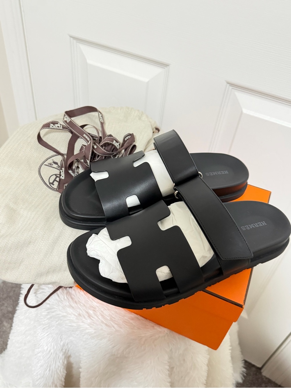 Hermes Black Leather H‑Slide Sandals